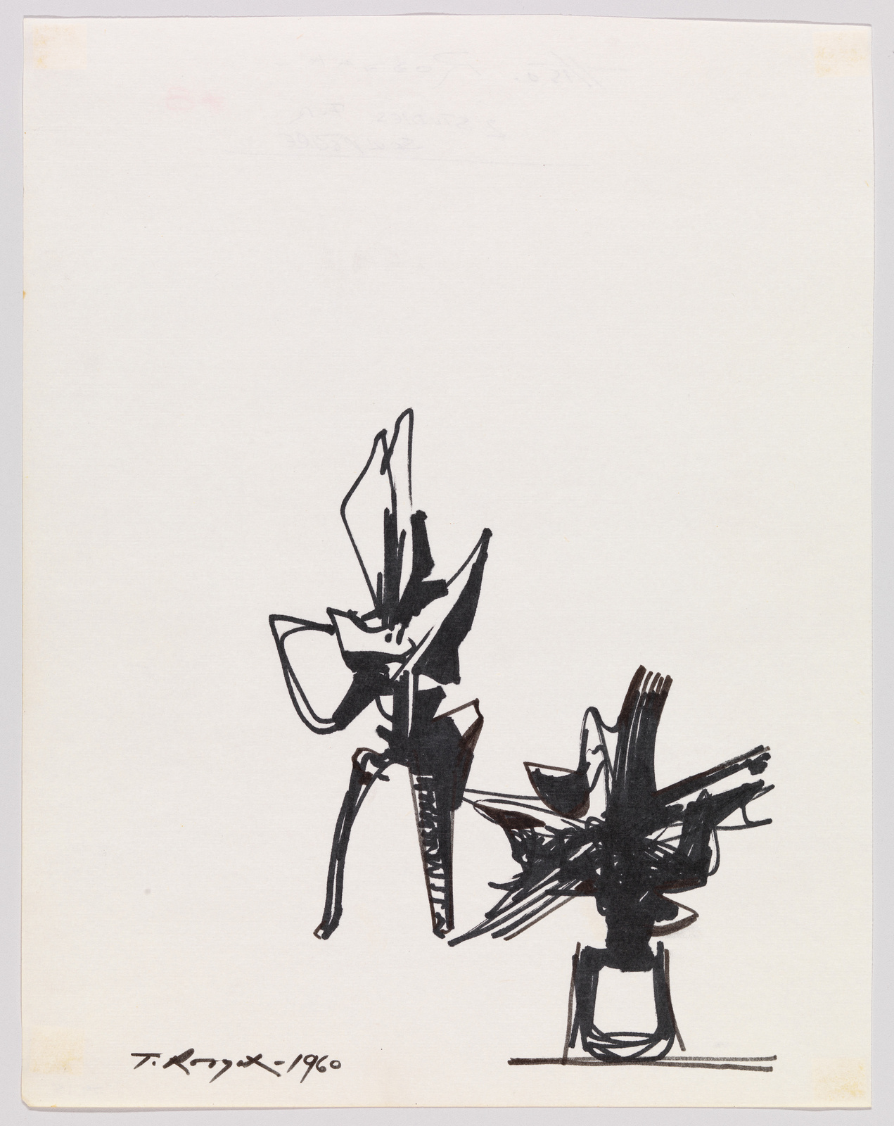 A black ink sketch on a white background depicting two abstract figures that resemble insects or fantastical creatures, with the artist's signature and the year 1960 inscribed at the bottom right.