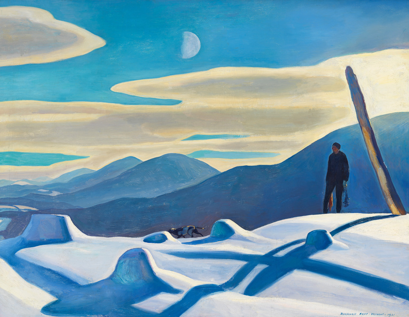 A person stands on a snowy hill under a bright sky with a crescent moon.