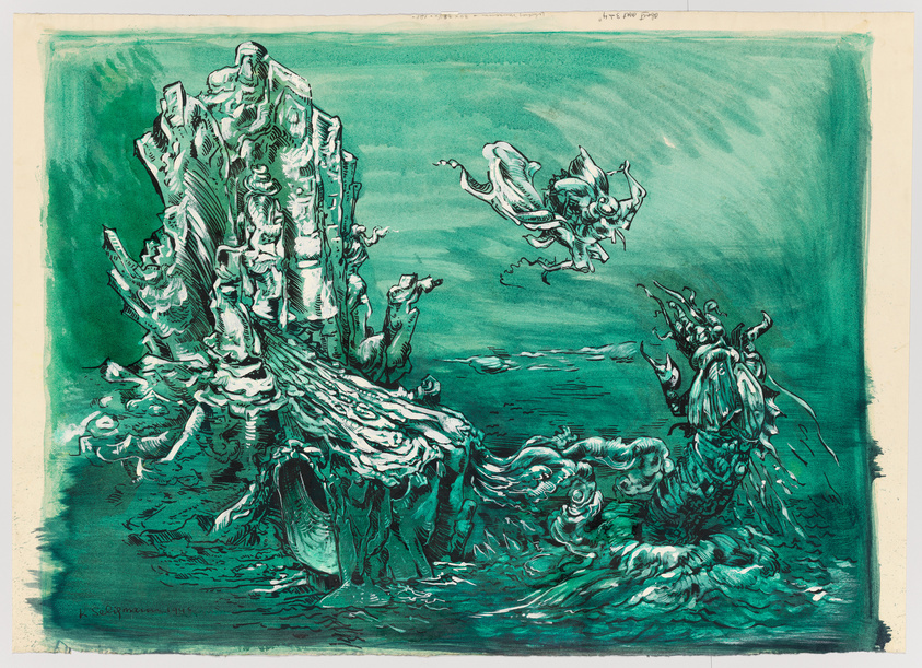 A vibrant green and black ink illustration depicting a fantastical sea scene with dynamic waves and mythical creatures. A central rock formation, resembling a jagged cliff, is surrounded by water with several creatures that appear to be part human, part fish, and part mythical beings. Some creatures are leaping out of the water while others cling to the rock. The artwork is rich in detail and texture, conveying a sense of movement and chaos. The artist's signature and the year 1914 are visible in the bottom left corner.