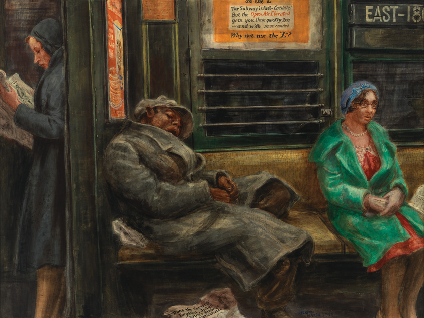 Oil painting depicting a scene inside a subway car with three passengers: a woman in a blue headscarf reading a newspaper, a man in a heavy coat sleeping, and a woman in a green coat and blue headscarf sitting upright. The interior has wooden seats and advertisements, with one reading "Why not use the 'L'?" indicating the setting is likely in New York City. The painting has a realistic style with attention to the details of the figures and the subway car's interior.