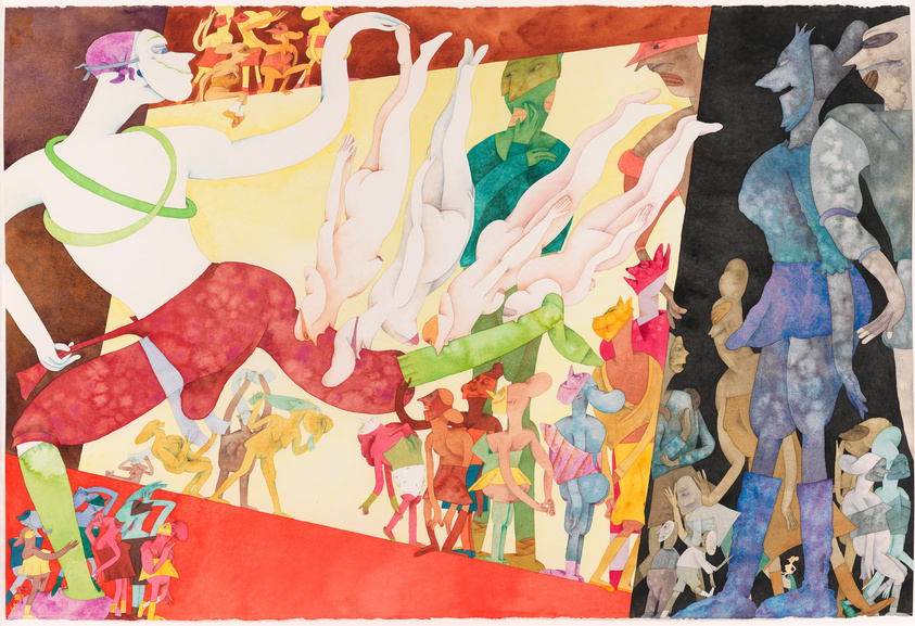 This is a colorful, abstract watercolor painting featuring a variety of human-like figures in different poses and activities. The figures are stylized with elongated limbs and exaggerated forms, rendered in a range of vibrant colors. The scene appears to depict a dynamic and whimsical procession or gathering, with some figures interacting with each other, while others are in motion. The background is divided into sections of contrasting colors, enhancing the composition's visual impact.