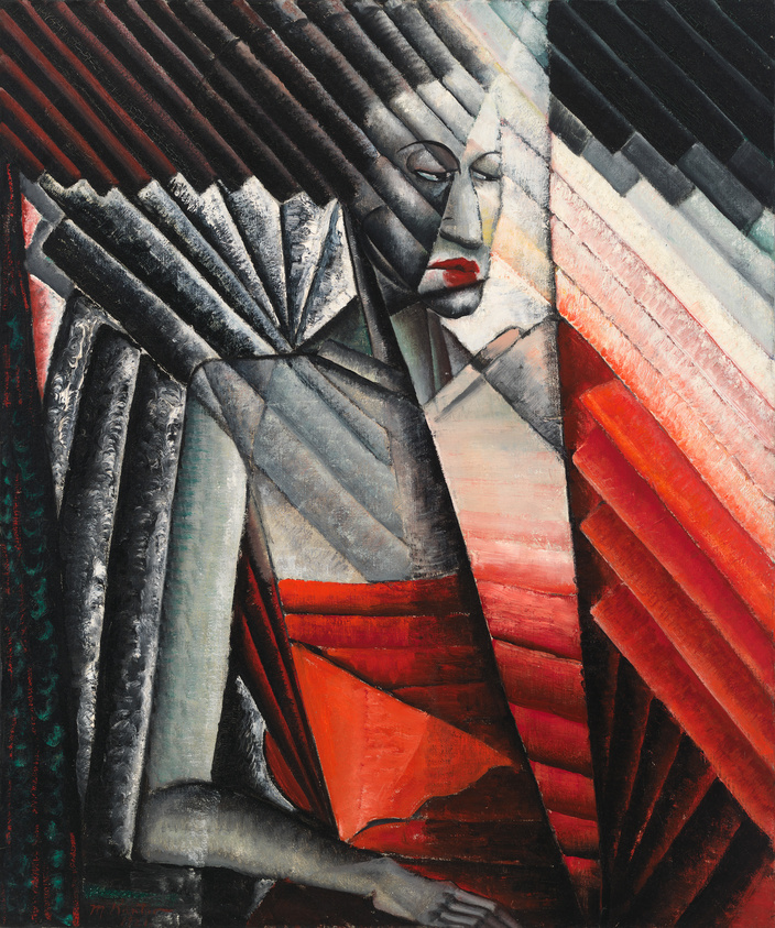 A cubist-style painting depicting a figure with geometric shapes and fragmented lines in a palette of red, black, white, and gray tones. The figure's face is split into light and dark halves, with one eye closed, and the lips are detailed in red. The background features angular, intersecting lines and planes, creating a dynamic and abstract composition.