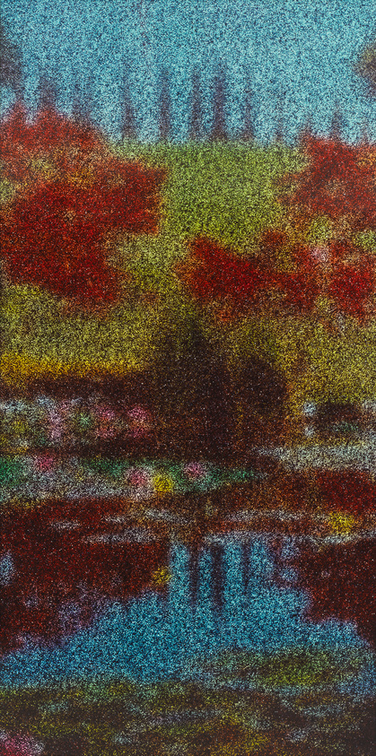A textured, pointillist-style image depicting an abstract landscape with trees reflected in water. The top of the image features a blue sky with hints of tree silhouettes, transitioning into vibrant red and green foliage, followed by dark tones suggesting a shadowy foreground. Below, these colors are mirrored in a rippled reflection, creating an impressionistic view of a serene, natural scene.
