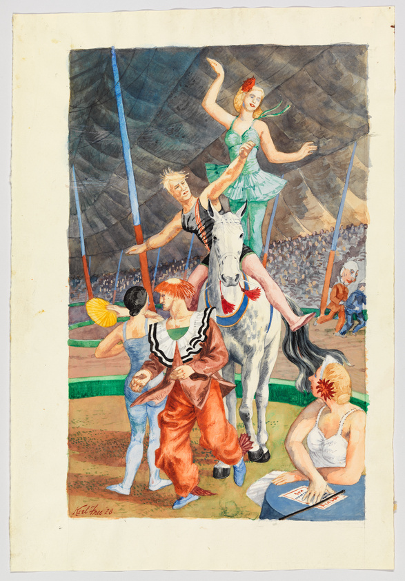 A vibrant watercolor painting depicting a circus scene with a variety of performers. In the center, a woman in a green tutu and tiara balances on the back of a white horse, holding a parasol. A man in a striped tank top and white pants appears to guide the horse, while another performer in an orange and white costume interacts with the crowd. To the left, a man and woman perform with a yellow fan and blue hoop, respectively. In the foreground, a seated woman in a white dress looks at a program, and a small figure in the background seems to be directing the performance. The audience is suggested by a mass of indistinct faces in the stands under a large, dark blue circus tent. The artwork is signed and dated at the bottom left.