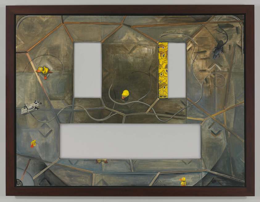 A framed painting depicting an abstract composition with geometric and organic shapes, featuring two vertical white rectangles that resemble blank canvases or windows. The background is a muted palette of grays and browns, with lines that suggest a fragmented, paneled surface. Scattered throughout are whimsical elements such as colorful rubber ducks, a black bird, and a train toy, which add a playful contrast to the otherwise somber tones. The painting is encased in a dark brown frame.