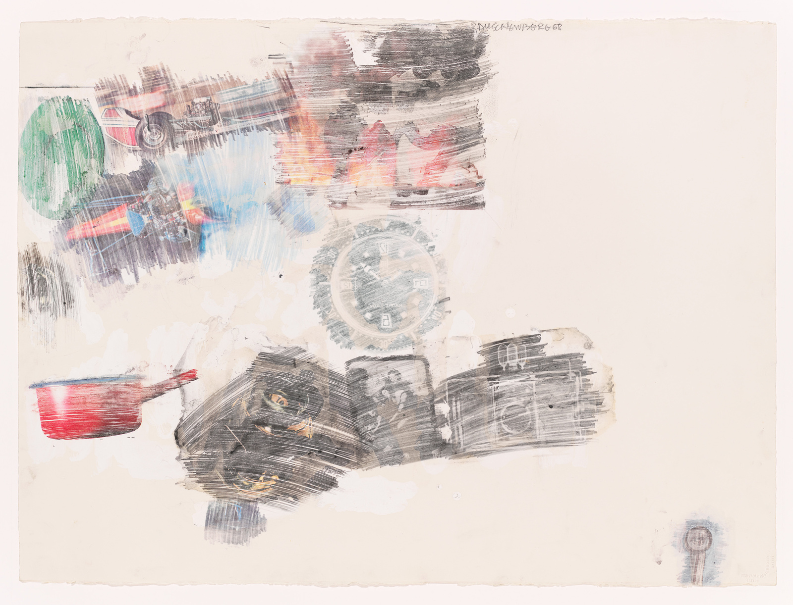 Abstract mixed-media artwork with smudged and smeared paint strokes in various colors on a beige background. The composition includes what appears to be a partial, obscured image of a clock face and other indistinct forms that suggest a sense of motion or blurring. The artist's signature and date are visible in the top right corner.