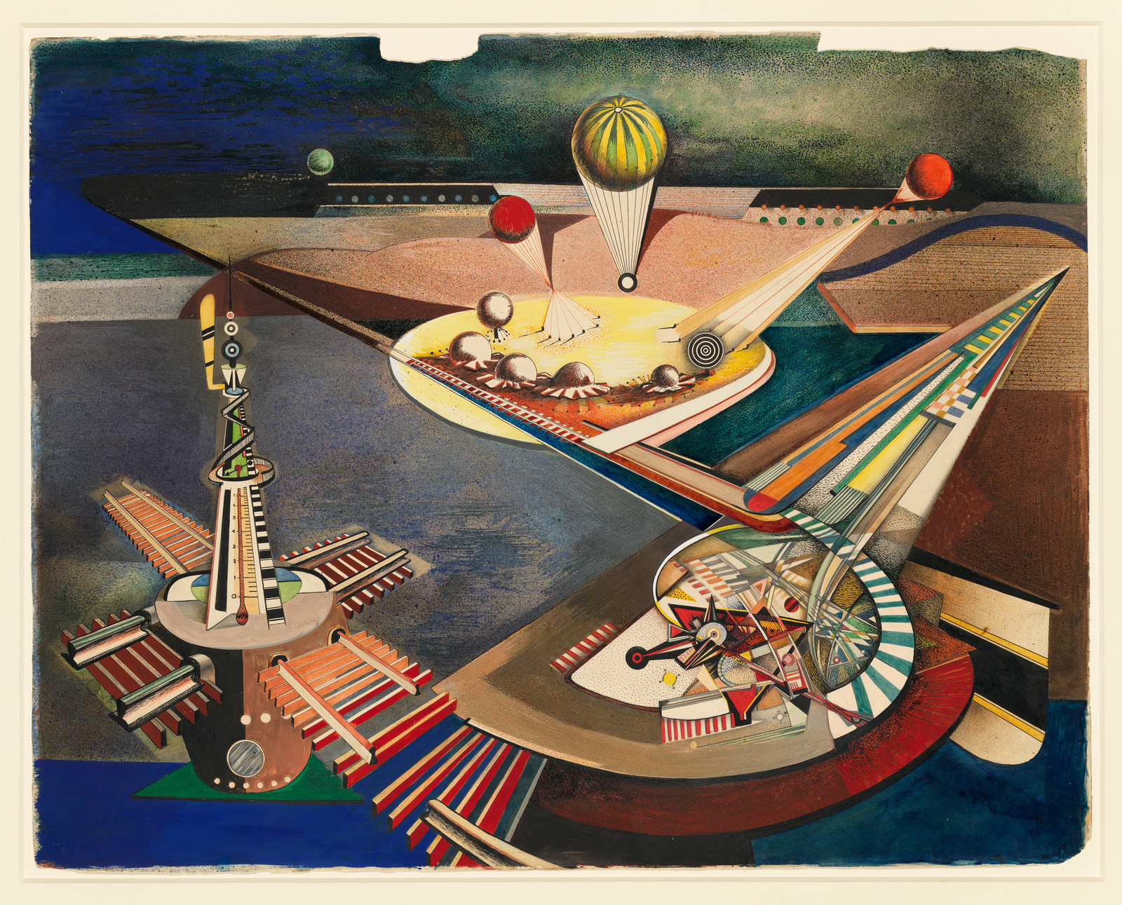 This is a colorful, abstract artwork featuring a variety of geometric shapes and patterns that create a fantastical landscape. The scene includes a central tower-like structure with a spiral design, flanked by a ship on the left and a hot air balloon and other spherical objects on the right. The background suggests a night sky over a body of water, and the foreground includes a variety of pathways and platforms with vibrant stripes and checkerboard patterns. The overall composition has a dreamlike, surrealist quality.
