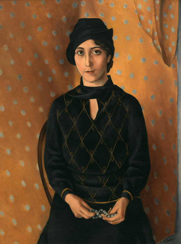 A portrait of a woman with dark hair wearing a black dress with a geometric pattern and a black hat. She has a solemn expression and is holding a string of beads. The background features a warm orange tone with a pattern of blue dots, and a draped curtain to the right. The painting is signed "L. Faurer."
