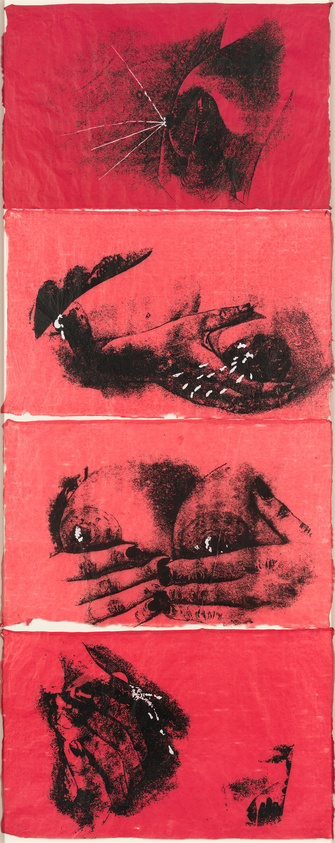Abstract black figures on red background, resembling facial features and expressions, displayed in a vertical sequence.
