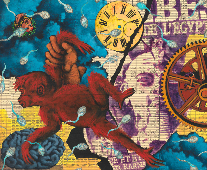 A vibrant collage featuring a red monkey running across a background of musical scores, Egyptian hieroglyphs, and abstract blue and purple patterns. The monkey is stepping on a brain, and there are sperm-like forms scattered throughout. A large yellow clock face and a red gear are prominent on the right side, adding to the surreal, dreamlike quality of the artwork.