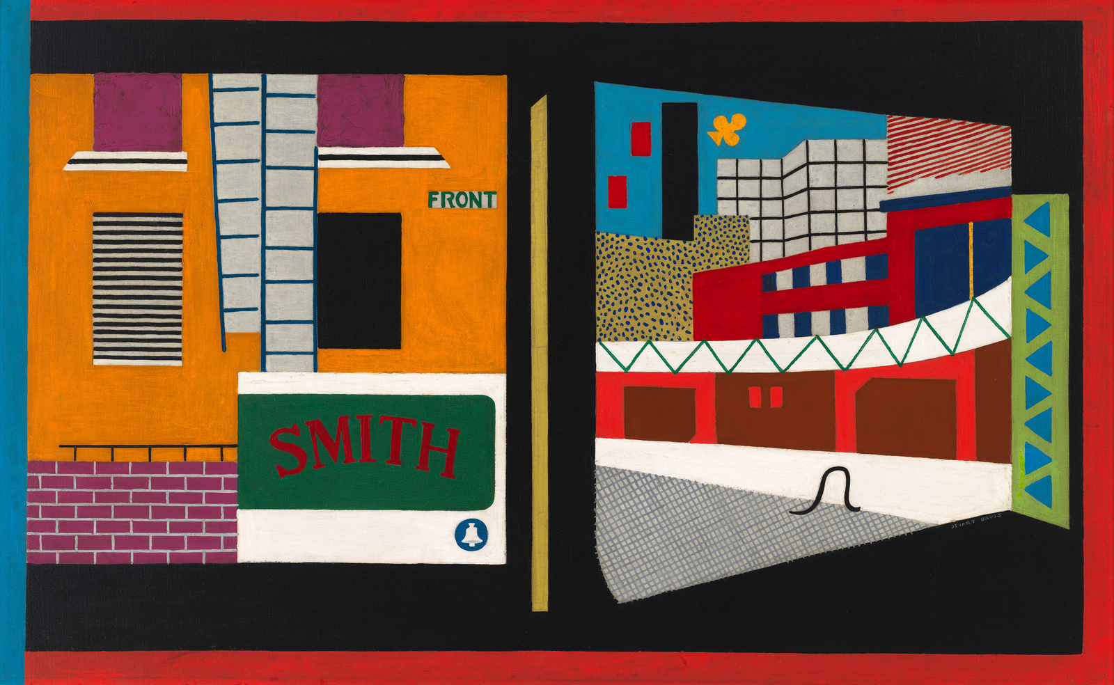 A vibrant abstract painting depicting a stylized architectural scene with two contrasting building facades, one labeled "SMITH" in bold letters, and the other featuring geometric patterns and a small butterfly motif. The artwork is framed by a thick black border with a red stripe at the top.