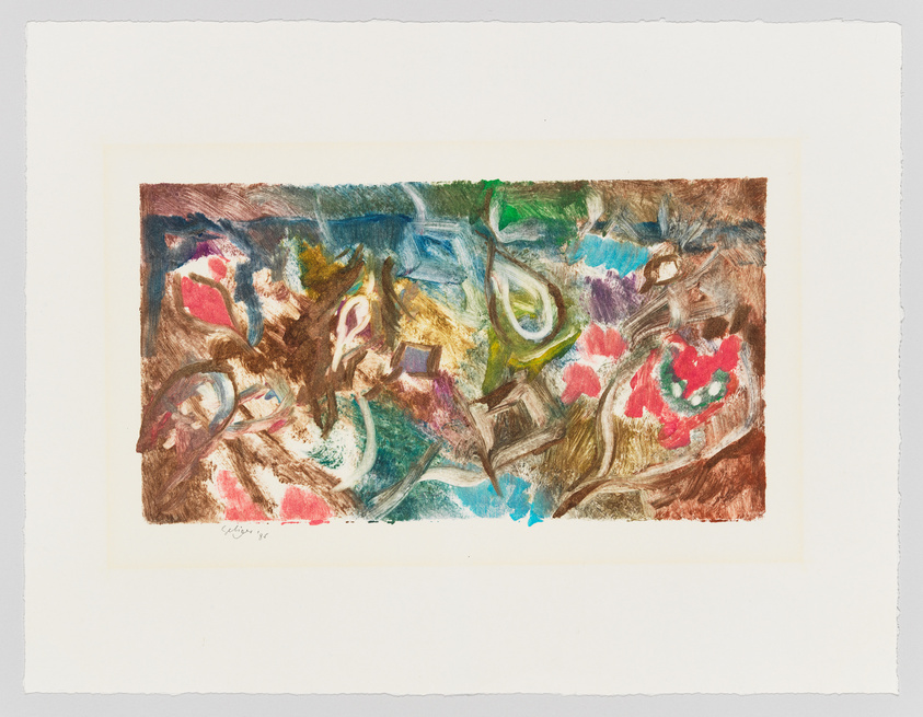 A colorful abstract painting with a blend of vibrant and earthy tones, featuring a mix of shapes and brushstrokes that create a dynamic composition. The artwork is centered on a piece of paper with a wide border, and there's a signature and date in the lower left corner.