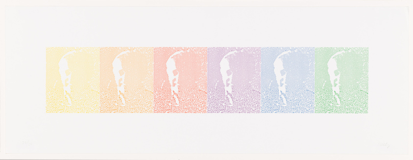 A print featuring a series of seven vertical, silhouetted profiles of a human face, each rendered in a different color gradient ranging from yellow to green, with the colors transitioning through orange, red, pink, and blue. The profiles are composed of fine vertical lines, creating a sense of texture and depth. The artwork is numbered on the bottom left and signed on the bottom right.