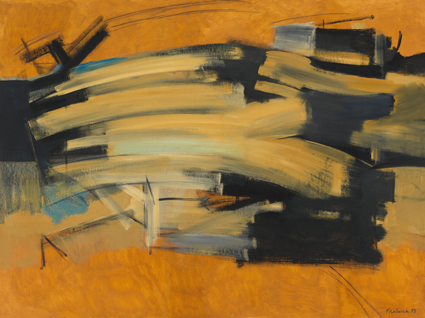 Abstract expressionist painting featuring bold, sweeping brushstrokes in black, white, and shades of yellow against a vibrant orange background. The dynamic composition conveys a sense of movement and energy. The artist's signature and the year '58 are visible in the lower right corner.