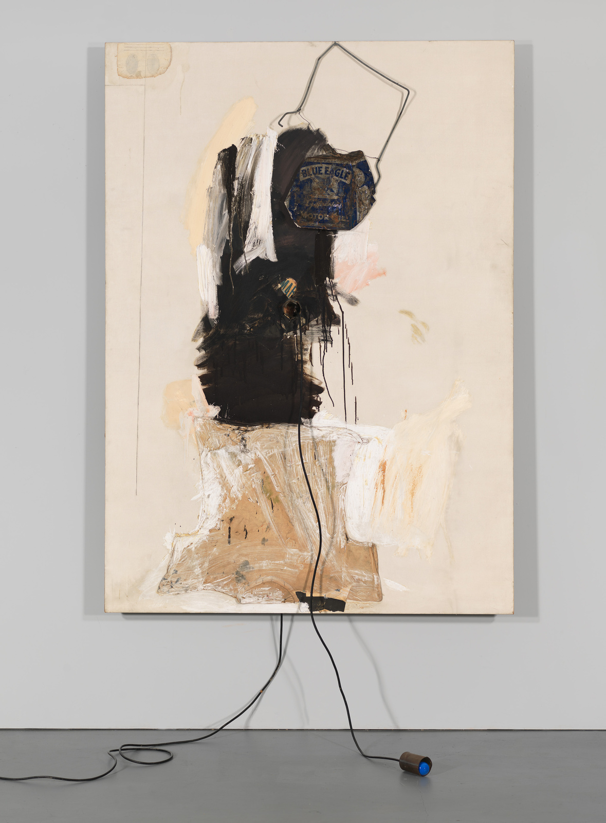 A contemporary mixed media artwork on canvas, featuring abstract forms and a central dark silhouette resembling a figure with a hanger for a head. The piece includes a real hanger attached to the canvas and a cord that extends from the bottom of the canvas to a microphone on the floor. The background is a blend of neutral tones with expressive brushstrokes.