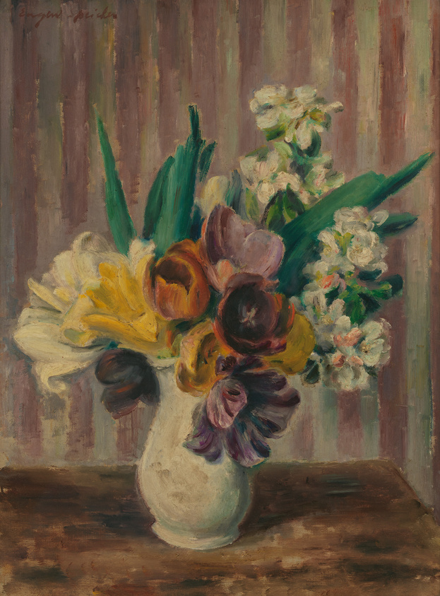Impressionist painting of a vibrant bouquet in a white vase against a striped brown background.