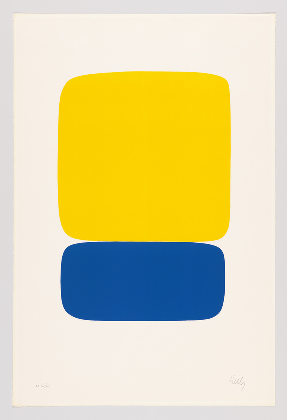 A minimalist artwork featuring two large, rounded rectangles, one above the other; the top one is bright yellow and the bottom one is blue, both set against a white background with the artist's signature in the bottom right corner.