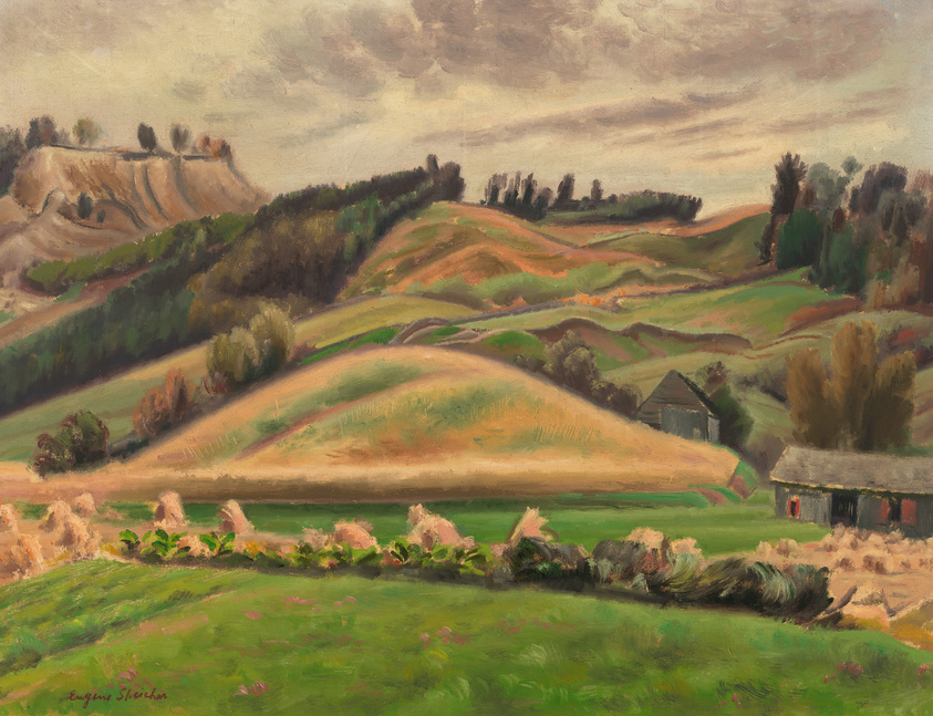 A painting of rolling hills with a barn, under a cloudy sky, in a palette of earthy tones.