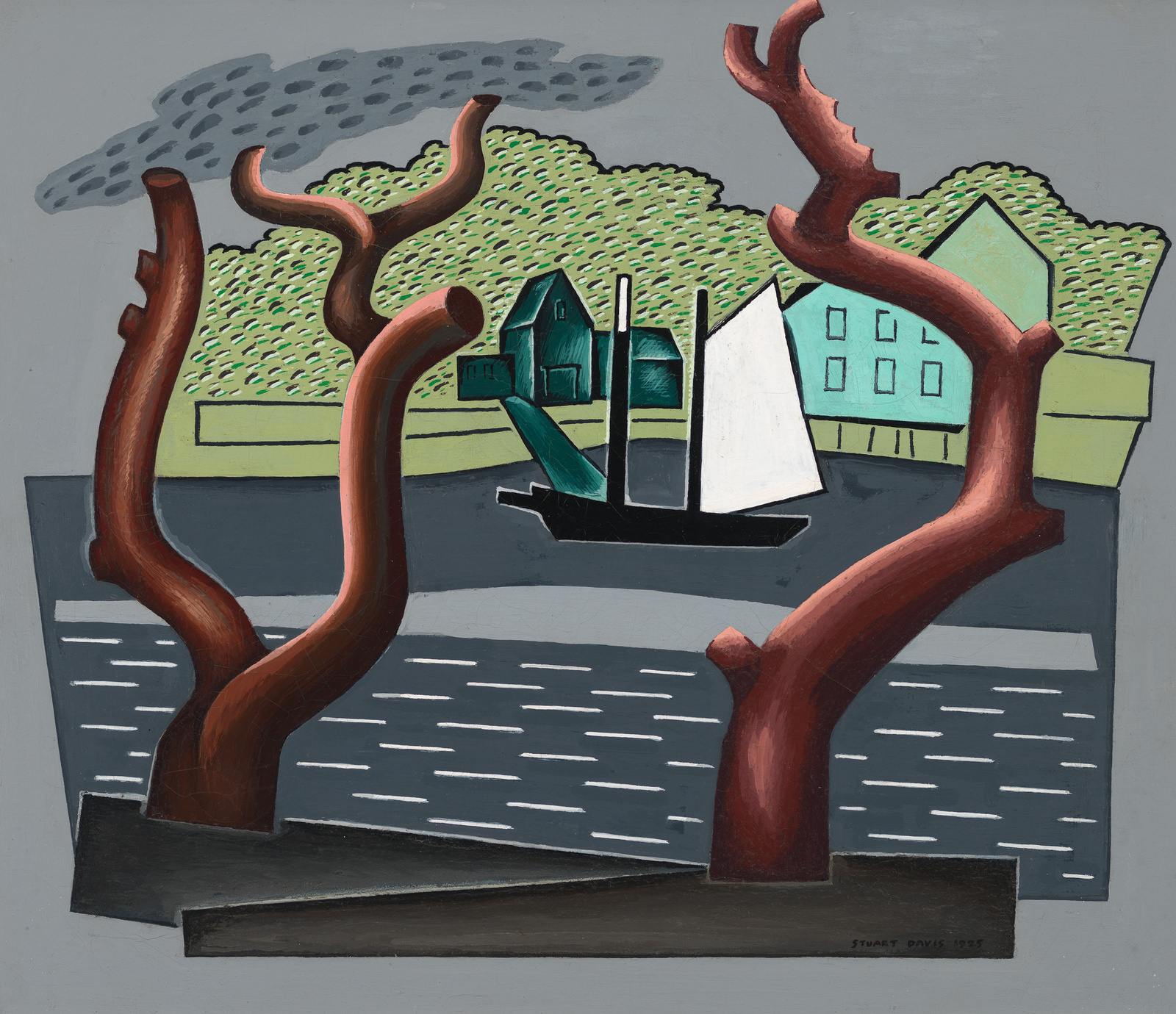 Abstract painting of a sailboat on water, surrounded by trees and buildings, with a cloudy sky.