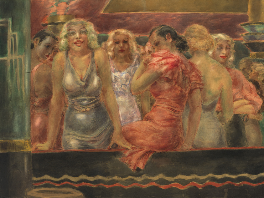 A vibrant painting depicting a group of women in glamorous dresses, with a focus on one woman in the foreground who is leaning forward with a surprised expression. The colors are rich and warm, and the brushwork suggests a lively, bustling atmosphere.