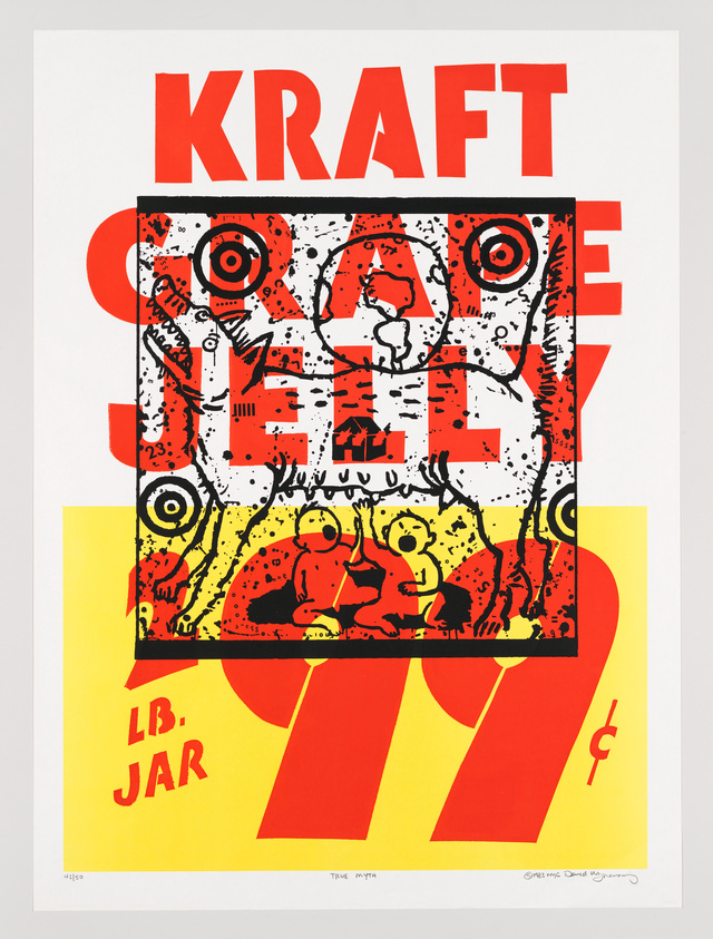 A vibrant graphic print featuring the word "KRAFT" in large red letters at the top. Below is a square with a chaotic black and red design, including abstract figures and eyes. A smaller section at the bottom displays "LB. JAR" in yellow letters against a red and yellow background. The print has a yellow border, and there are signatures and edition numbers at the bottom.