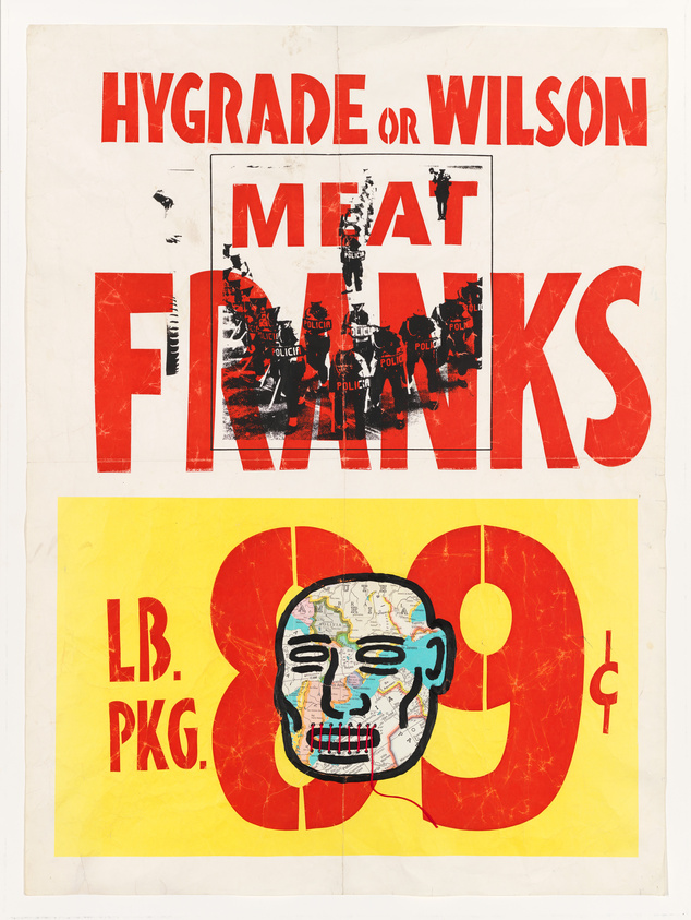 Vintage-style poster with bold red and yellow colors featuring the text "HYGRADE or WILSON MEAT FRANKS" in large red letters at the top. Below, a graphic of a stylized face with a map pattern superimposed over it is centered on a yellow background with the text "LB. PKG." to the left and a red cent symbol to the right. The poster has a distressed look with visible creases and marks.