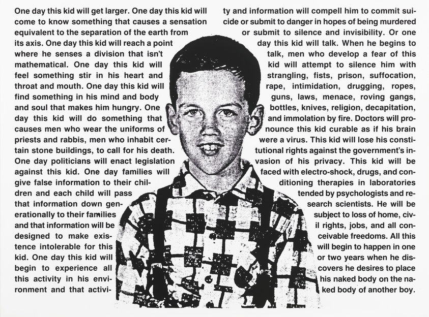 A black and white image featuring a young boy's face and upper torso with a checkered pattern shirt. The image is overlaid with a dense text in various font sizes discussing a narrative about the boy's future experiences and challenges related to societal reactions to his identity and actions. The text suggests a progression of events that will occur as the boy grows up, with a focus on themes of conflict, struggle, and societal judgment.
