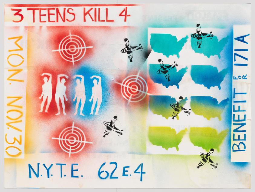 A colorful artwork featuring a mix of text, graphics, and stenciled images. The top left corner has the phrase "3 TEENS KILL 4" in bold red letters, with target symbols and silhouettes of people below. The right side shows a map of the United States in blue with repeated stenciled figures of a person on a skateboard. Words like "BENEFIT," "FLORIDA," and "OZONE NOW" are interspersed throughout the image. The bottom left includes the text "N.Y.T.E. 62.E.4" in black. The overall style is reminiscent of graffiti and street art.