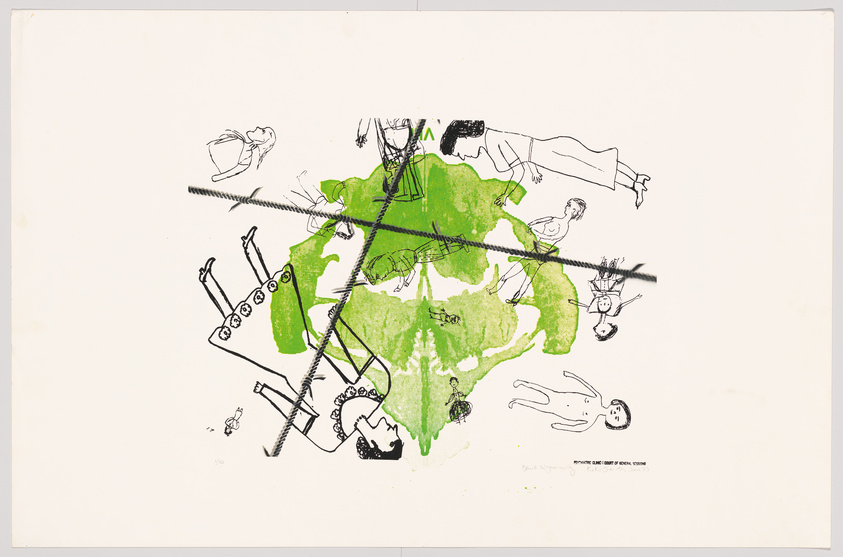 Illustration featuring a green inkblot in the center with various black and white line drawings of people, animals, and objects scattered around and across it, creating a chaotic and abstract composition. Some figures appear to be falling or floating, and there are intersecting black lines that resemble ropes or wires.