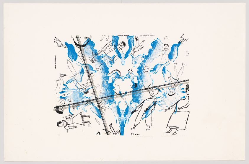 Abstract artwork featuring a chaotic composition of sketched human figures and objects with splashes of blue ink, intersected by a black diagonal line, on a white background.