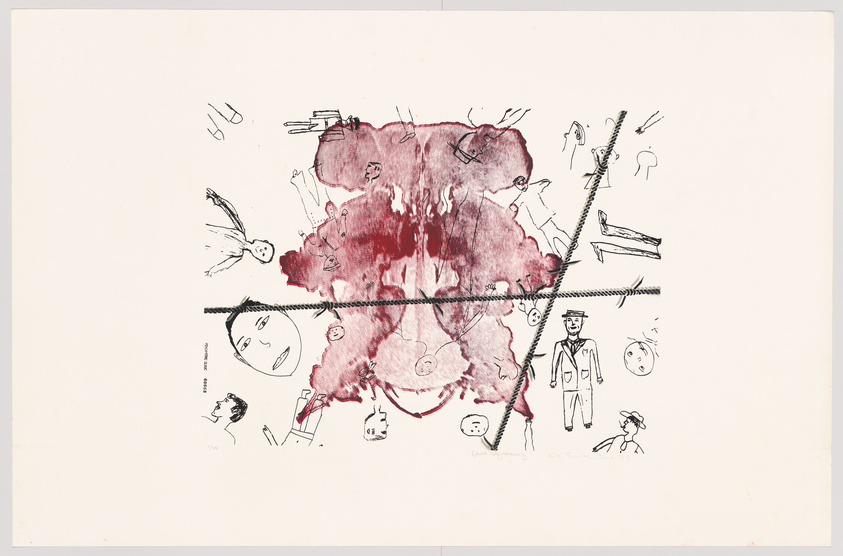 An abstract artwork featuring a central red ink blot with various black line drawings scattered around it. The drawings include human figures, faces, and objects such as a chair and a bird, all seemingly unrelated and floating around the ink blot. A black line runs horizontally through the center of the image, intersecting the ink blot. The artwork has a spontaneous and surreal quality.