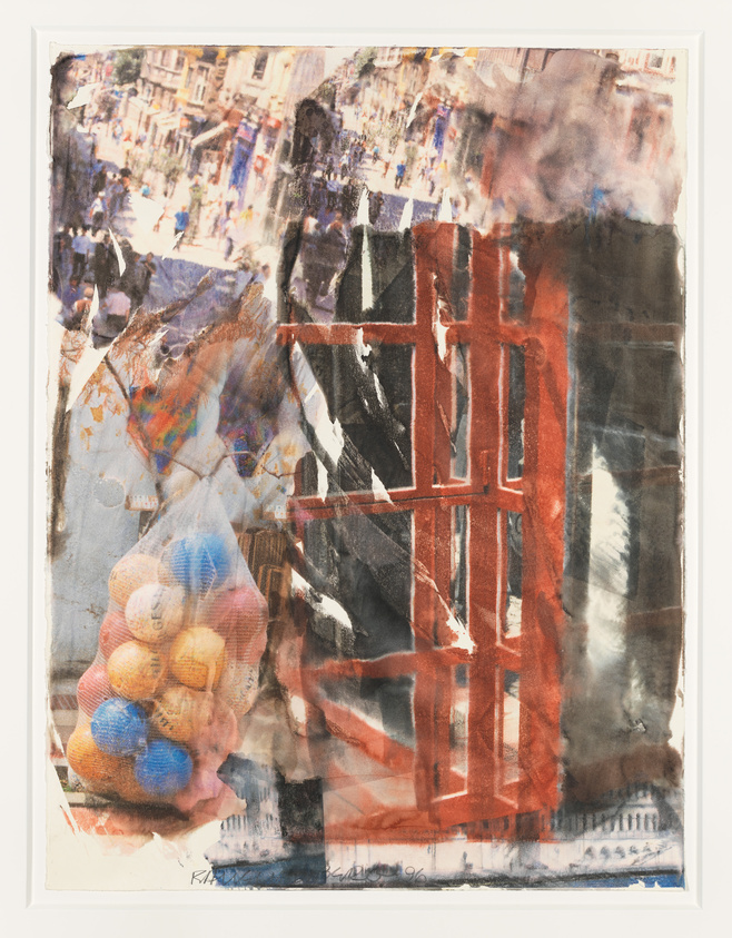 This image features a mixed media artwork with a collage-like appearance. It combines elements of photography and painting, depicting a bustling street scene overlaid with abstract smudges and bold red geometric shapes. A cluster of colorful balls, possibly a bag of marbles, is prominently displayed in the foreground. The piece has a textured, layered look, with various materials contributing to its depth and complexity.