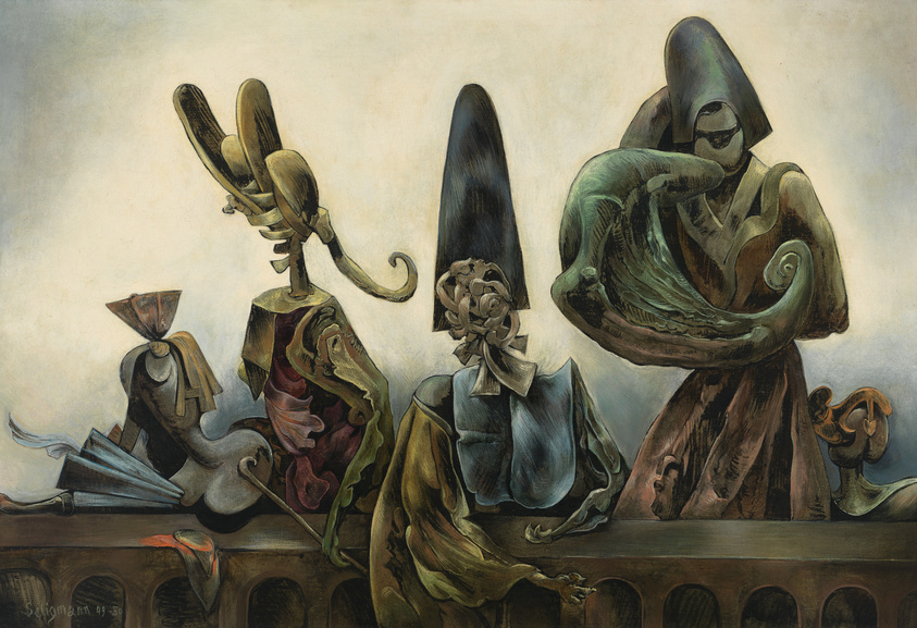 Surrealist painting by Yves Tanguy from 1930, featuring abstract and biomorphic shapes resembling distorted figures and objects on a flat surface with a muted background.