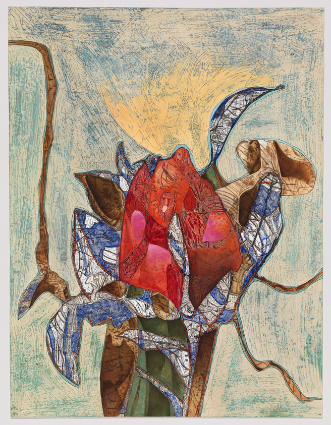 A vibrant, abstract artwork featuring a central figure that resembles a flower composed of various textured and colored shapes against a background with a sunburst pattern at the top and etched lines throughout. The flower has petals in shades of red and blue with intricate patterns, and the background has earthy tones with a river-like form on the left side.