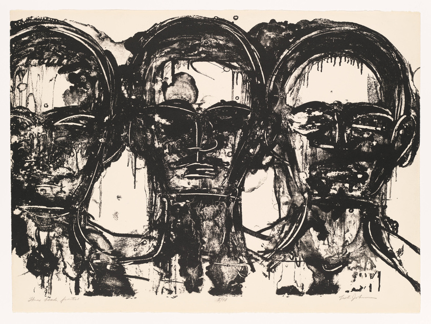 An abstract black and white print featuring three distorted and overlapping faces with prominent eyes and mouths. The artwork has a rough, expressive texture, with drips and splatters throughout, suggesting a raw, emotional quality. The artist's signature is visible at the bottom.