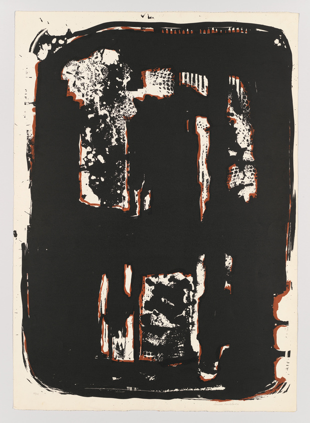A print featuring abstract black forms with rough edges on a beige background, with hints of red and white textures that suggest a sense of decay or erosion. The composition is centralized and fills most of the space, bordered by a lighter margin. The artist's signature is visible at the bottom right.