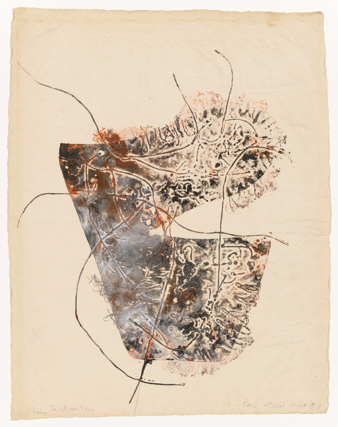 An abstract print with a combination of curved and straight lines in black and red on a textured, off-white paper. The print features a prominent, roughly triangular shape with intricate patterns and textures, suggesting a mix of organic and mechanical elements. Handwritten text is visible at the bottom, indicating the title and possibly the artist's signature.