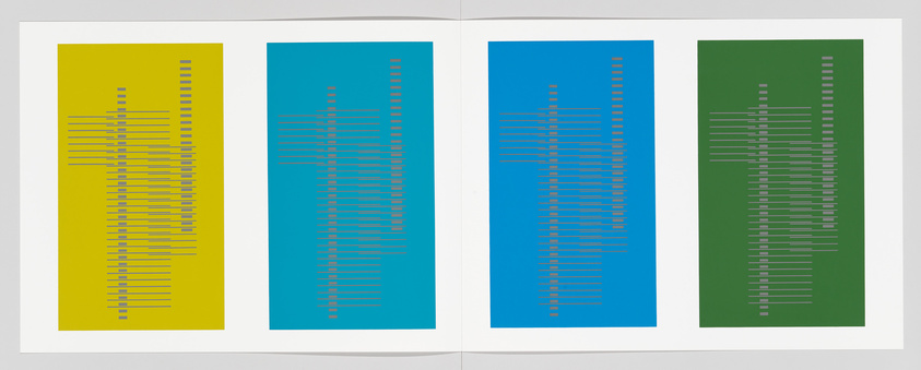 A graphic artwork featuring four vertical panels, each with a different solid background color—yellow, light blue, darker blue, and green—from left to right. Each panel contains a series of horizontal gray lines of varying lengths that create a central, vertical, symmetrical pattern resembling a barcode or abstract city skyline. The artwork is presented on an open book or a dual-page spread, with a white border surrounding the panels.