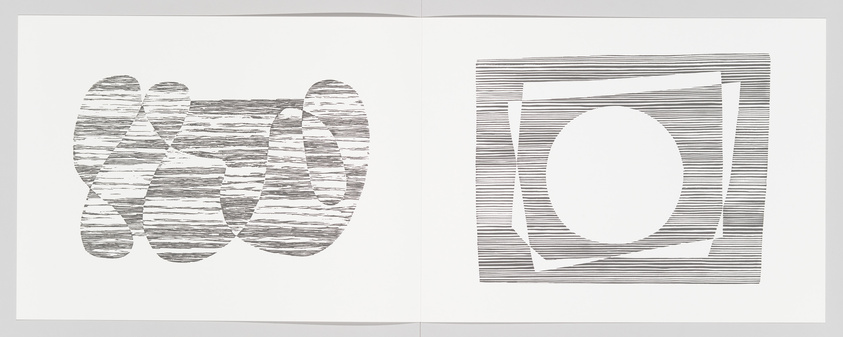 A graphic artwork displayed across two pages of an open book, featuring abstract patterns with horizontal lines. On the left page, the pattern forms three overlapping silhouettes resembling footprints, while on the right page, the lines create a rectangular frame with an oval in the center. The background is white, emphasizing the stark contrast of the black ink lines.