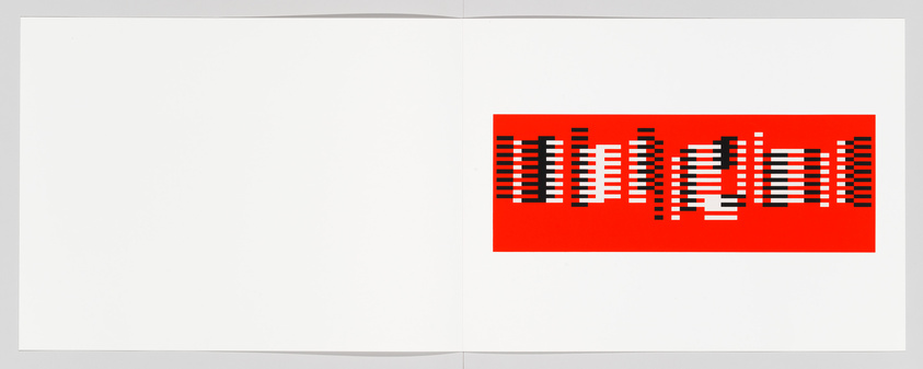 A graphic artwork printed on an open book, featuring a pattern of black and white vertical lines creating a moiré effect on a bright red background. The book is laid flat with white pages visible on both sides of the central image.