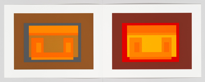 A digital image displaying two pages of a book with abstract geometric artwork. Each page features a series of concentric squares with warm colors ranging from brown to orange, creating a sense of depth and vibrancy. The left page has a darker outer square, while the right page starts with a brighter red outer square.