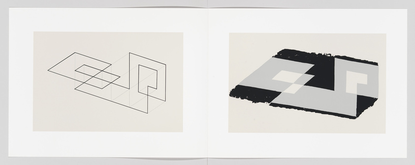 An open book displaying two abstract geometric artworks across a two-page spread. The left page shows a line drawing of a transparent, three-dimensional rectangular form with overlapping squares. The right page features a bold, black brushstroke partially covering a similar geometric shape, but with solid gray tones and white highlights, creating a sense of depth and shadow.