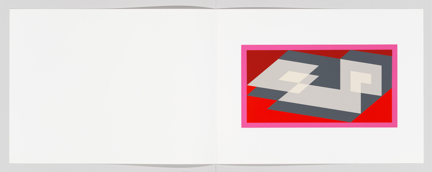 A graphic print with abstract geometric shapes in shades of gray, white, and black, set against a vibrant red and pink background, presented on an open book or portfolio with white pages.