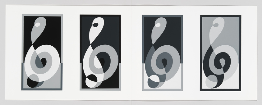 Four framed abstract prints displayed side by side, each featuring a similar grayscale spiral design with varying shades of black, white, and gray, creating an optical illusion of depth and movement.