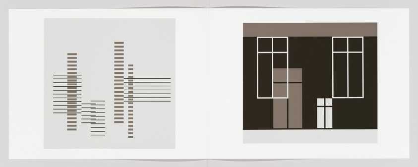 An open book displaying two pages with abstract geometric art. The left page features a light background with an arrangement of horizontal lines and small rectangles in a grayscale color palette. The right page has a dark background with similar geometric shapes, including a prominent white outline of a window-like structure. The artwork plays with visual balance and contrast between light and dark elements.