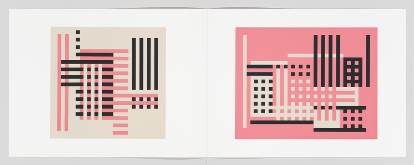 An open book displaying two pages of abstract geometric art. The left page features a composition of vertical and horizontal lines and blocks in shades of black, pink, and beige on a cream background. The right page mirrors the design with a vibrant pink background, creating a symmetrical and contrasting visual effect.