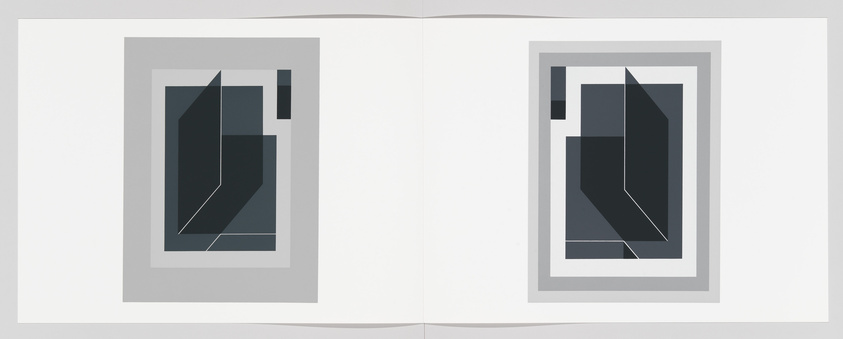 A symmetrical open book with two abstract geometric prints on facing pages, featuring a series of nested shapes in shades of gray and black, creating a mirror image effect across the book's center fold.