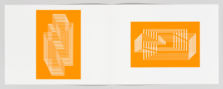 A graphic artwork featuring two pages with orange backgrounds and white geometric line patterns. The left page displays a series of vertical lines forming a stepped pattern, while the right page shows a concentric square spiral pattern. Both designs exhibit a sense of depth and optical illusion.