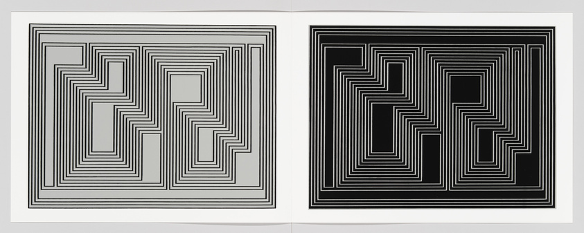 Two framed geometric artworks side by side, each featuring a square labyrinth pattern with a clear path from the outer edge to the center. The left artwork has a light background with dark lines, while the right one has a dark background with light lines.