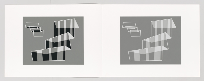 A graphic print of an open book displaying two pages, each with an abstract geometric design featuring a series of shaded staircases and floating boxes on a gray background.